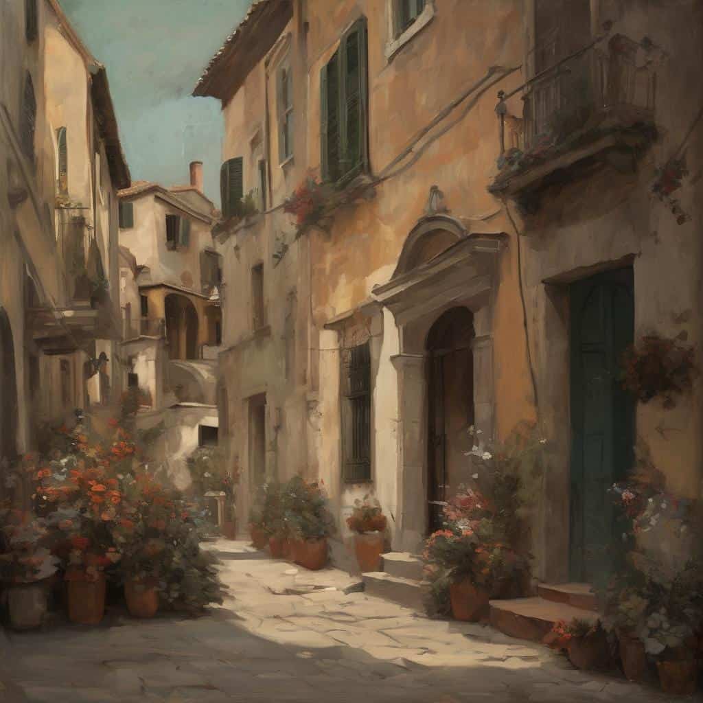 Παραδοσιακός δρόμος στην Ελλάδα, με άνθη και παλιά κτίρια, εστιάζοντας στο φως και τη σκιά.