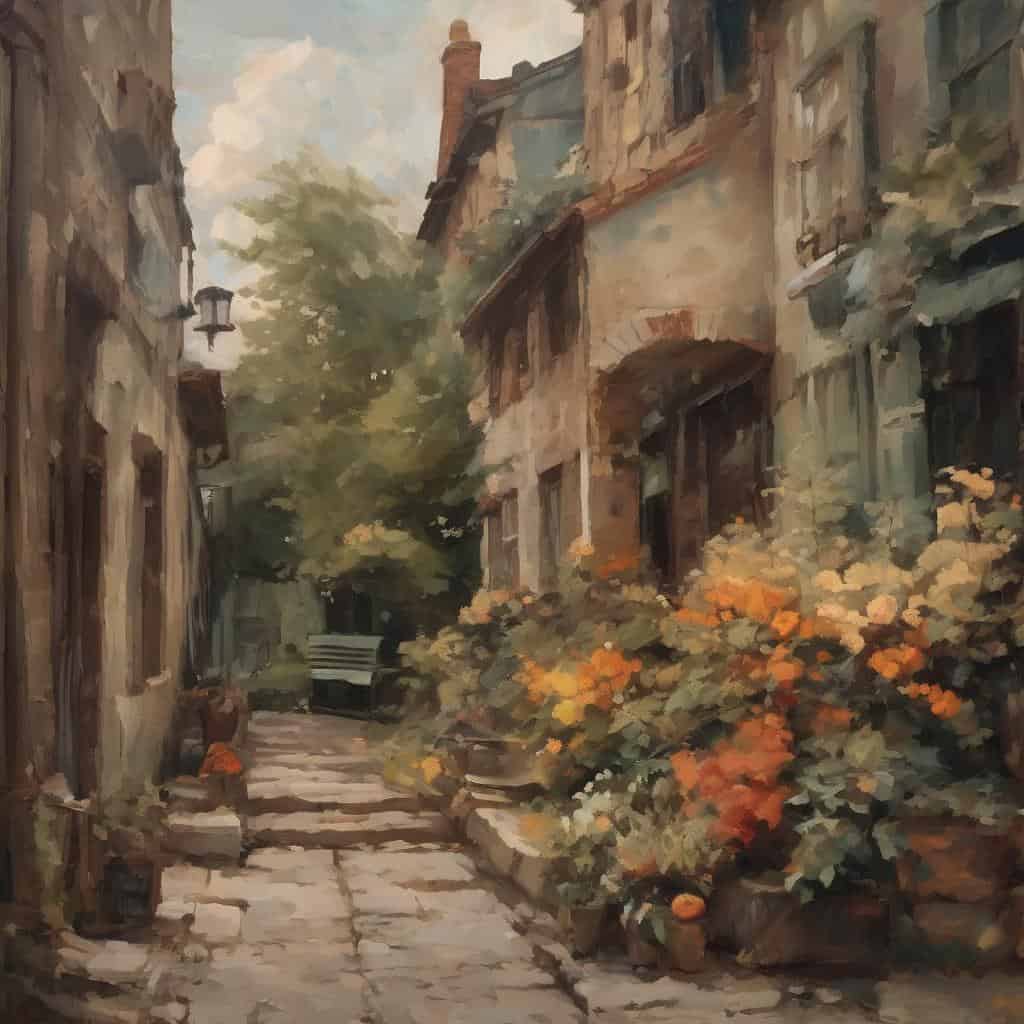 παλαιά πλακόστρωτα δρομάκια με λουλούδια και παραδοσιακά σπίτια, καλλιτέχνες που διερευνούν το φως και τη σκιά, ρομαντική ατμόσφαιρα.