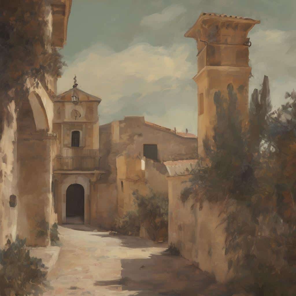 Παραδοσιακό σκηνικό με καλλιτέχνες που διερευνούν το φως και τη σκιά στην αρχαία πόλη.