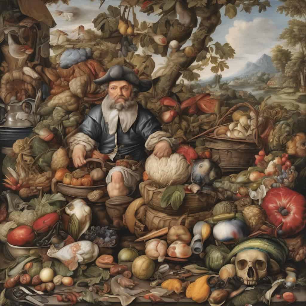 Μπροστινή εικόνα με καλλιτέχνες που διερευνούν το φως και τη σκιά, με πολλά φρούτα, λαχανικά και ανθρώπινα στοιχεία.