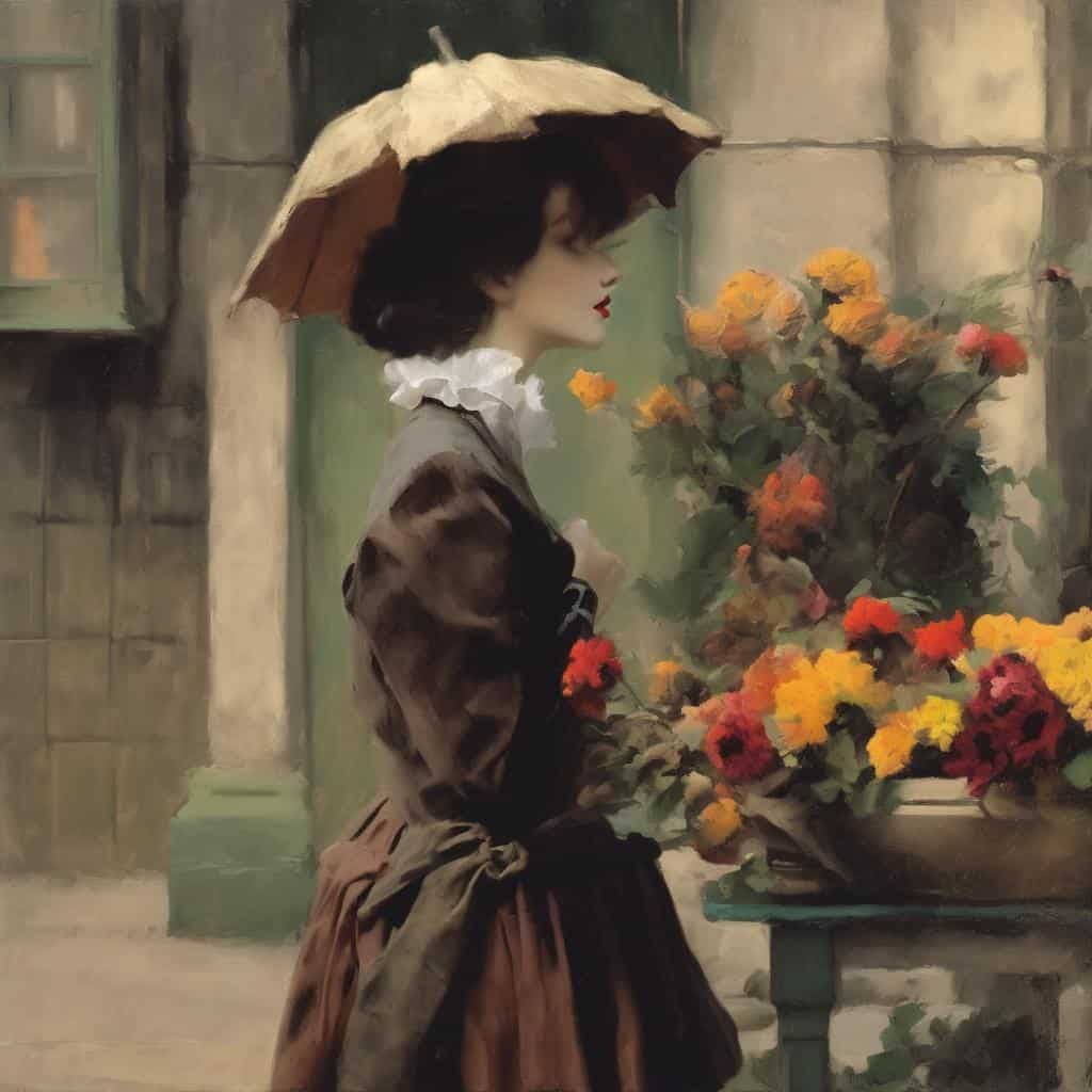 Ασπρόμαυρη γυναίκα με ομπρέλα και ανθοστήλη, ερευνητικό έργο φωτός και σκιάς, τέχνη και ομορφιά, 1800s.