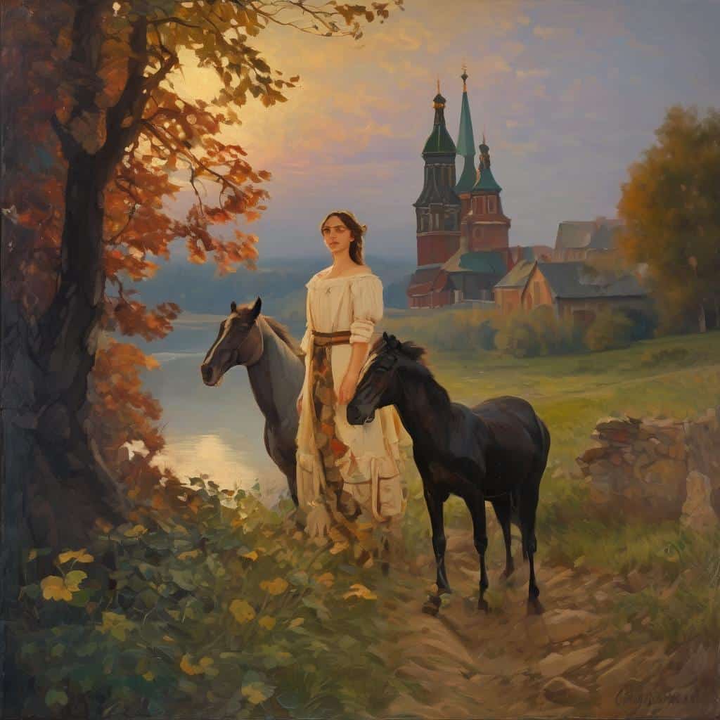 Ανθρώπινη φιγούρα με άλογα σε γραφική αγροτική τοποθεσία με εκκλησία, διαχρονική τέχνη φωτός και σκιάς.