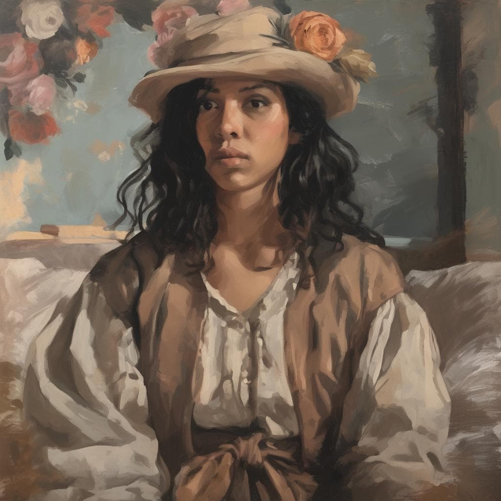 Ανθρώπινη γυναίκα με καπέλο και μαύρα μαλλιά, ζωγραφική που διερευνά το φως και τη σκιά, artwork από καλλιτέχνες.